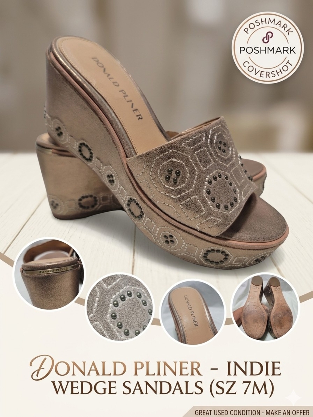 Donald Pliner Indie Rose Gold Wedge Sandals Studded Metallic Platform Slide 7M